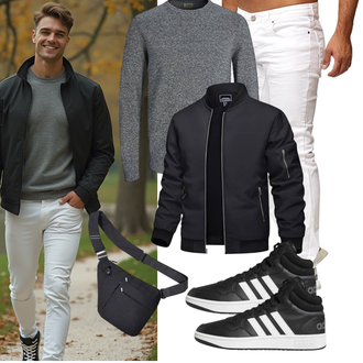 Mit Puff­ärmeln Outfit mit Dunkelgrau/Schwarz/Grau Jacke mit Seitlichem Reißverschluss/Fliegerjacke/Frühlingsjacke/Collegejacke/Nylonjacke TACVASEN "Freizeit Outfit"