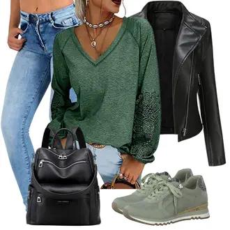 Übergang Outfit mit Schwarz/Dunkelgrün Motorradjacke/Jacke mit Seitlichem Reißverschluss/Bikerjacke/KunstLederjacke YYNUDA "Schönes Frühlingsoutfit"
