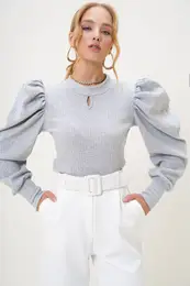 Trend Alaat Stili Women's Gray Crew Neck Drop Neck Princess Sleeve Knitwear Blouse