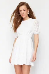 Ecru A-Line Mini Embroidery Woven Dress with Elastic Waist