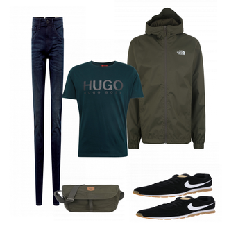 Outfit mit Schwarz/Grün Schultertasche Fjällräven "THE NORTH FACE"