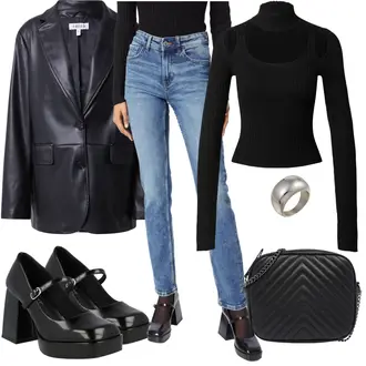Outfit mit Schwarz Boyfriend Blazer/Kunstleder Blazer/Lederblazer/Oversize Blazer Edited "Outfit für den Herbst"