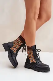 FS1 Women's Worker Ankle Boots With Sock In Leopard Black Penthis