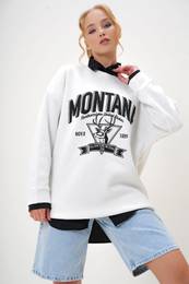 Trend Alaat Stili Women's Ecru Crew Neck Text Printed Three Thread Fleece College Sweatshirt