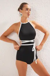 Black Barter Neck Piping Binding Detailed Regular Swimsuit