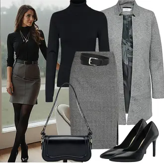 Elegant Outfit mit Schwarz/Dunkelblau LangarmBluse/Blusenbody/Lederjacke/Bluse mit Trichterkragen/Bluse mit Stehkragen VERO MODA "Eleganter Look"Look: Nahtlos, Schlichte, Workwear, Elegant, Sportlich, Egirl, Edel, Casual