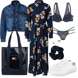 Flower Power Outfit mit Dunkelblau/Orange Bluse und Tunika Tunika About You "Stylisches Outfit für den Frühling"