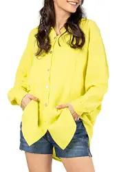 Sublevel Damen Musselin Muslin Basic Long-Bluse Langarm Oversize Baumwolle Yellow S/M