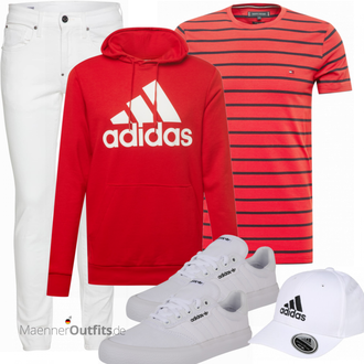 Outfit mit Rot Hoodie Adidas Performance, Weiß Hut Adidas Performance "Praktischer Look"