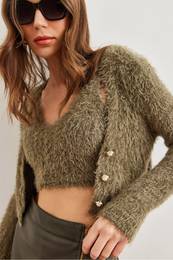 Women's Khaki Undershirt Bustier Top Cardigan Bearded Knitwear Set