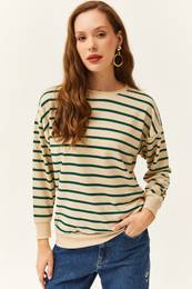 Women's Stone Green Basic Soft Textured Loose Sweatshirt