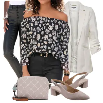 Outfit mit Braun/Schwarz/Rosa/Blau Druckbluse/Gemusterte Bluse/Carmen­bluse/Bluse Oberteil/Verspielte Bluse/Lederjacke Lascana "Frühlings Outfit"