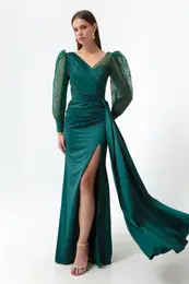 Women's Emerald Green Double Breasted Collar Silvery Long Satin Evening Dress