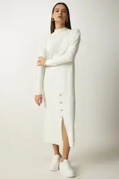 Happiness stanbul Women's Ecru Button Detailed Ribbed Knitwear Dress