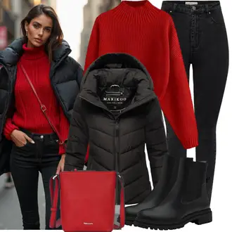 Biker Outfit mit Schwarz Flache Stiefelette/Lederjacke/Chelsea Boot Tamaris "Perfekt für den Winter"