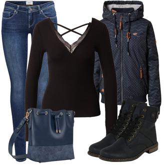 Outfit sa Crna/Plava/TamnoPlava Čizmica Gležnjača na Vezanje/Motociklistička čizma/Klasična čizmica/Podstavljena Gležnjača/Ravna Gležnjača/Borbena Čizma Rieker "Cool zimski outfit"