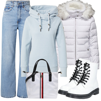 Outfit s Světle Modrá/Modrá Džín s Širokou Nohavicí/Formální Košile/Mom Jean/Džíny s Rozparkem/Dad Džíny/Džíny Culottes/Vintage džíny/High Waist Džínové Kalhoty/Džíny Volného Střihu Dr. Denim "Podzimní Ležérní Outfit"