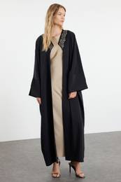 Black Embroidery Accessory Detailed Woven Cap & Abaya & Abaya