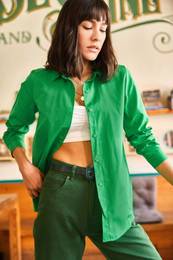 Women's Grass Green Basic Woven Poplin Shirt