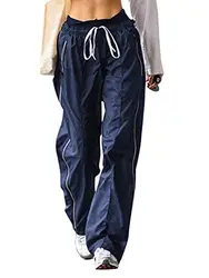 Minetom Cargohose Damen Baggy Pants Low Waist Hose Niedriger Taille Y2K Freizeithose mit Kordelzug Elastische Vintage Oversize Lose Breite Trousers 90er E-Girl Streetwear A Blau L