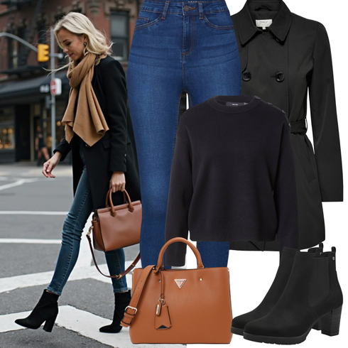 Comment poter Bleu/Bleu foncé/Bleu clair Jeans avec Fente/Veste d'Hiver/Jeans Thermiques/Chaussures en Cuir/Jean Taille Haute/Jean Push-up Noisy may avec Noir Manteau de Mi-saison/Manteau Caban/Manteau D'été/Trench Manteau/Women's Trenchcoats Only