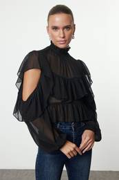 Black Ruffle Detailed Chiffon Woven Blouse