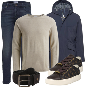 Outfit mit Dunkelblau/Blau Jeans Lederjacke/Leder Schuhe/Slim Fit Jeans/Winterjacke/Push up Jeans/ThermoJeans/Low Rise Jean/Herren Lederjacke/Biker Jeans Only & Sons "Alltags Outfit"