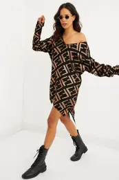 Kul in seksi enska rno-zlata pletenina iz listov Tunic obleka TD122