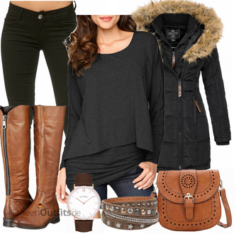 Outfit mit Schwarz Daunen & Steppmantel/Outdoormantel/Kapuzenmantel/Daunenmantel/Mantel mit Fellkragen/Wintermantel/Mantel mit Reißverschluss/Parka Geographical Norway "Uniquestyle Damen"
