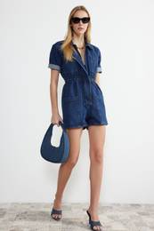 Dark Blue Elastic Waist Denim Shorts Jumpsuit