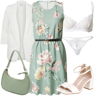 Kombinacije za posao Chic s kopčom Koža sa Smeđa/Crvena/Bijela/Krem Sandalice s blok petom/Sandala s petom About You "Poslovni look"Look: Chic, Šik, Old Money, Burleska, cool, Elegantan