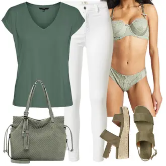 Schön Outfit mit Dunkelgrün/Grün Bluse Große Größe/Shirt & Top Große Größe/Tunika/Bluse Oberteil/Klassische Tunika/Elegante Tunika/Lederjacke/Kurzarmbluse/Kurzarm-Tunika/Einfarbige Bluse/Tuniken-Shirt VERO MODA "Schöner Sommer Look"Look: Uni, Rad, Edel, Elegant, Bundeswehr, Coole, Mom, Büro, Old Money, Schön, Outdoor