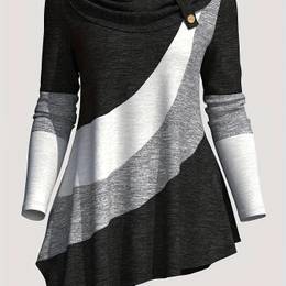 Print Button Decor T-shirt, Casual Long Sleeve Asymmetrical T-shirt For Spring & Fall, Women's Clothing