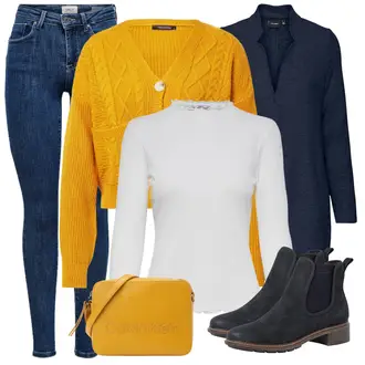 Outfit s Oranžová Dlouhé Šaty/Slim Fit Džíny/Dlouhé Kardigany/Dlouhý Svetr/Taška Přes Rameno/Dlouhý Zimní Kabát/Dlouhá tylová sukně/Doplňek Calvin Klein "Zimní outfit pro volný čas"
