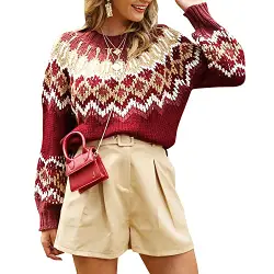 Gemijacka Damen Pullover Rundhals Norweger Strickpullover Kurz Laternenärmel Weihnachtspullover Basic Wintermuster Sweater Rot S