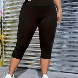 Plus Size Solid Skinny Capri Leggings, Casual Stretchy Leggings, Women's Plus Size Clothing