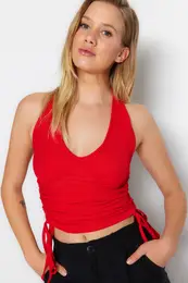 Red Knitted Crescent Blouse With Side Shims