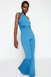 Indigo One-Shoulder Gathered and Flare Knitted Two Piece Set