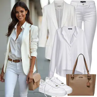 Smart Casual Outfits Sommer mit Weiß/Creme Lederjacke für Männer/Blusenblazer/Eleganter Blazer/Boyfriend Blazer/Longblazer/Oversize Blazer SOAKED IN LUXURY, Weiß/Creme Leder Schuhe/High Waist Jeans/Push up Jeans/Lederjacke/Slim Fit Jeans/Jeans mit Schlitz/Biker Jeans/Low Rise Jean/Schlupfjeans Only, Bluse more&more, Weiß Sneaker Low/Plateau-Sneaker/Schmaler Sneaker/Skateschuh/Sneaker Mit Seitlichem Reißverschluss/Leder Sneaker Tommy Hilfiger, Braun/Beige/Grau Shopper/Tasche Büro/Shopper-Tasche/Schultertasche/Schultertasche/Schulranzen MICHAEL Michael Kors "Street Style Outfit"
