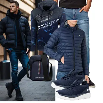 Outfit mit Dunkelblau/Hellblau Daunenjacke/Leichte Jacke/Kastenjacke/Herbstjacke/Kunstfaserjacke/Kapuzenjacke/Winterjacke/Steppjacke/Isolationsjacke/Puffer Jacke/Verstaubare Jacke/Thermojacke b BLEND "Freizeit Outfit"