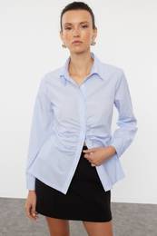 Blue Striped Gather Detailed Fitted Woven Shirt