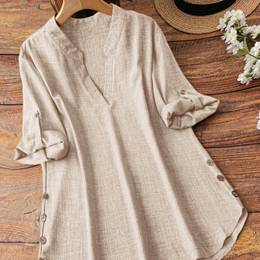 Size V-neck Long Sleeve Blouse With Decorative Buttons, Polyester Spandex , Solid Color, Machine Washable - Top For Women