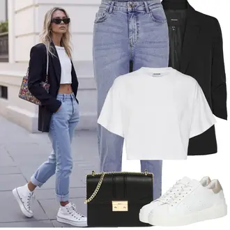 Kombinacije od trapera sa Crna Odijelo Dugi Sako/Kožna jakna za muškarce/Sako Jakna/Oversize Sako/Sakoi za Bluzu/Sako od smokinga/Boyfriend Sako/Elegantni Sako/Kratki Sako/Kožna Jakna za Muškarce VERO MODA "Proljetni Outfit"