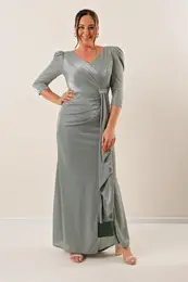 By Sayg Three Quarter-Centural Voluminous Sleeves Lined, Silvery Plus Size Long Dress