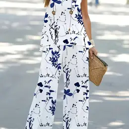 Plus Size Floral Print Two-piece Set, Crew Neck Tank Top & Pants Outfits, Women's Plus Size clothing