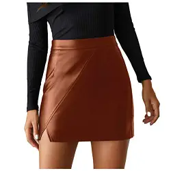 AMhomely Lederrock Damen Kunstleder Schwarz Bodycon Mini Hohe Taille Bleistiftröcke Damen Kurzer Rock Reißverschluss Hoher Hals Druck Sexy Minikleid Lange Ärmel Miniröcke für Frauen UK, 19 braun, 40