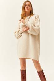 Women's Stone Crew Neck Balloon Sleeve Soft Textured Knitwear Tunic Dress