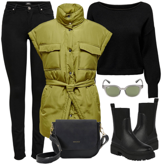 Outfit mit Grün/Dunkelgrün/Khaki Lange Weste/Reitweste/Reiseweste/Leichte Weste/Jagdweste/Kurze Weste/Outdoorweste/Trachtenweste/Funktionsweste Only "Cooles Winter Outfit"