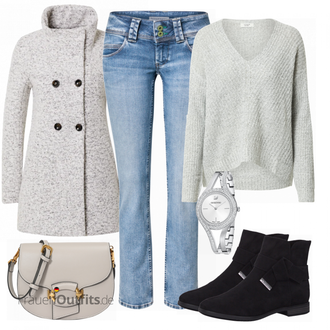 Wasserfall-Ausschnitt Outfit mit Grau/Braun/Beige Bouclé Mantel/Strickfleece Mantel/Strickmantel/Wollfleece Mantel/Wintermantel Wollmantel Only "Perfekt für den Herbst"