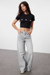 Black Bow Detailed Crop Short Sleeve Knitted T-Shirt